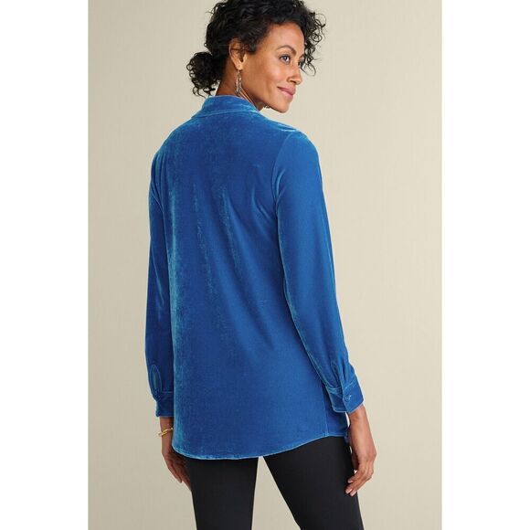 Soft Surroundings Womens Size L Stretch Velvet Boyfriend Button Down Tunic Shirt - Picture 8 of 15